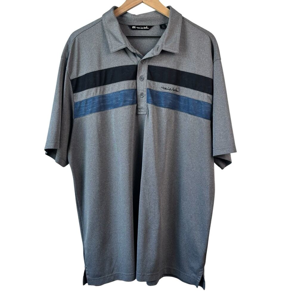 Travis Mathew Golf Polo XXL Gray Blue Black Stripe Performance Logo Preppy